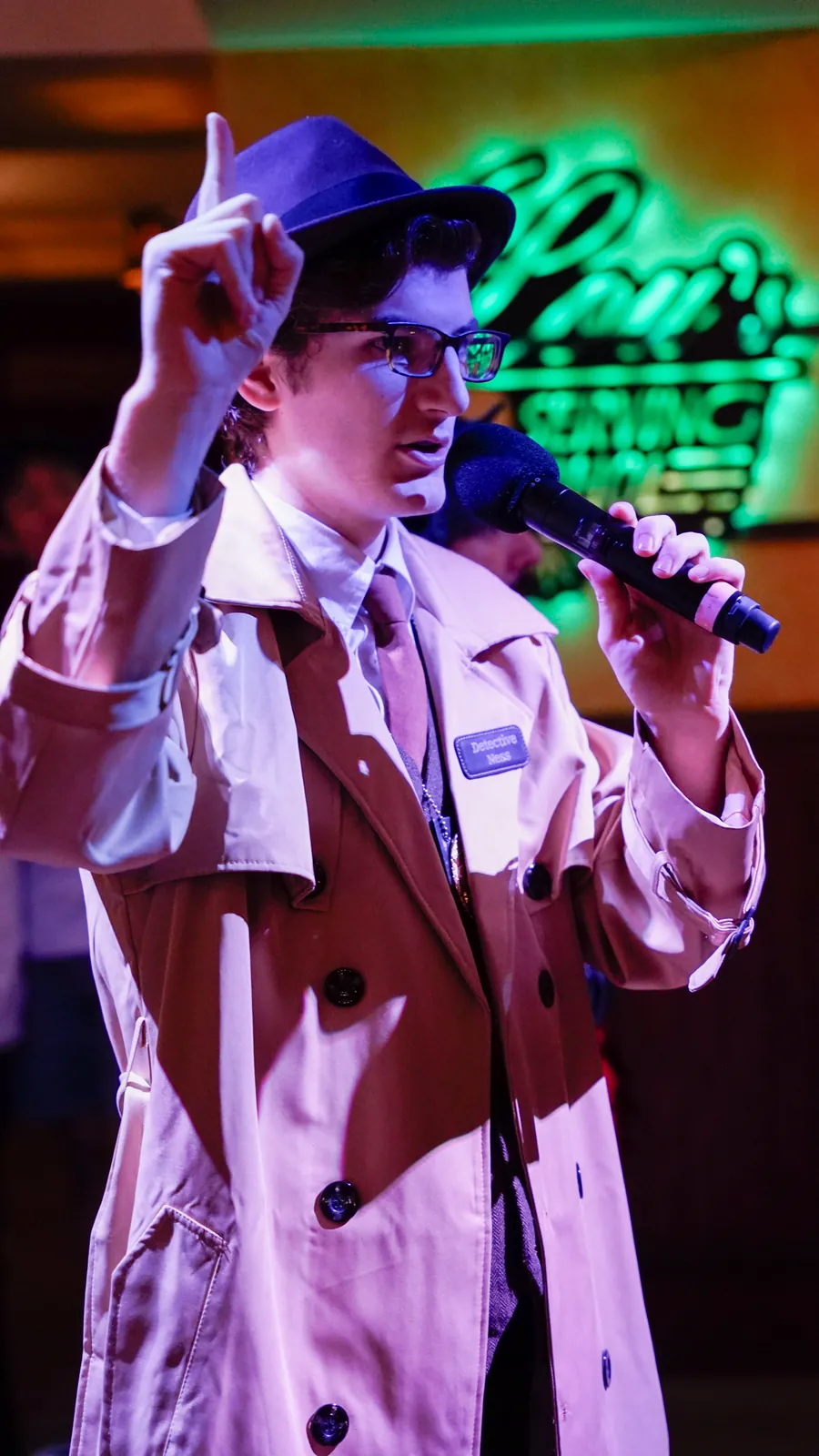 A Murder Mystery Company actor working the room at a Birmingham show